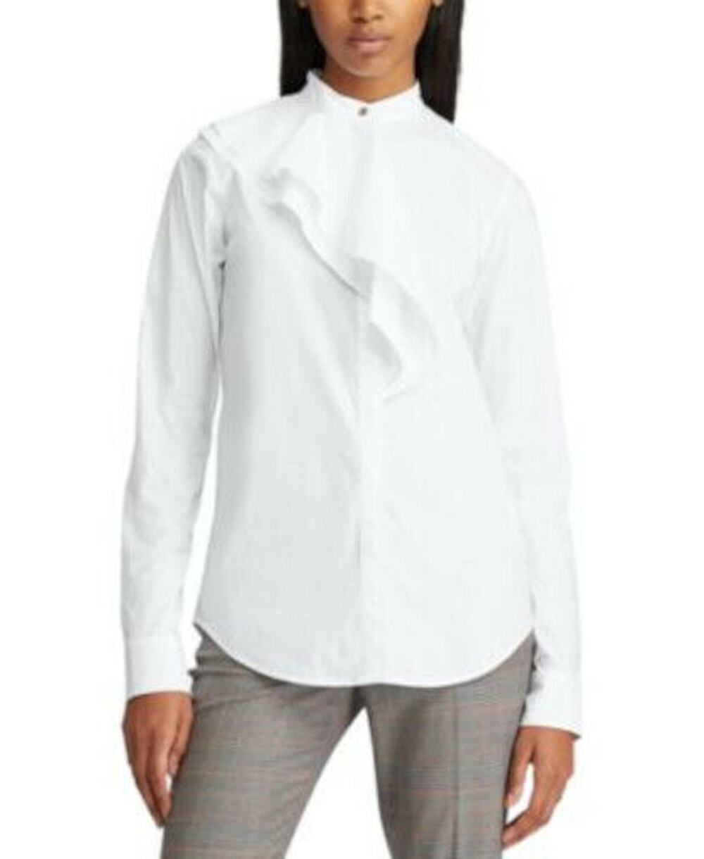 Ralph Lauren White “Vastia” Ruffle Top, Gold Button Accents, Petite, NWT